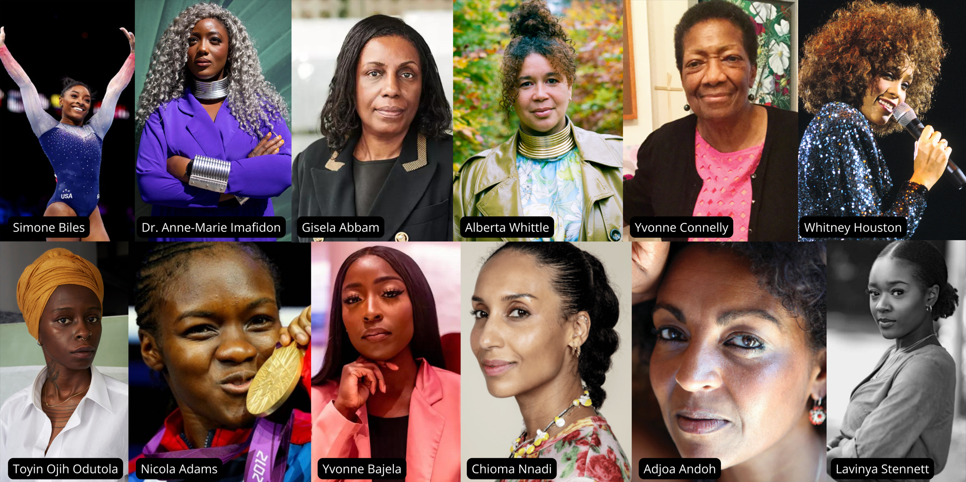 Simone Biles, Dr. Anne-Marie Imafidon, Gisela Abbam, Alberta Whittle, Yvonne Connelly, Whitney Houston, Toyin Ojih Odutola, Nicola Adams, Yvonne Bajela, Chioma Nnadi, Adjoa Andoh, Lavinya Stennett